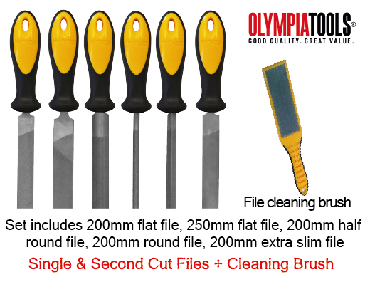 OLYMPIA TOOLS SINGLE & SECOND CUT FILE SET + CLEANING BRUSH