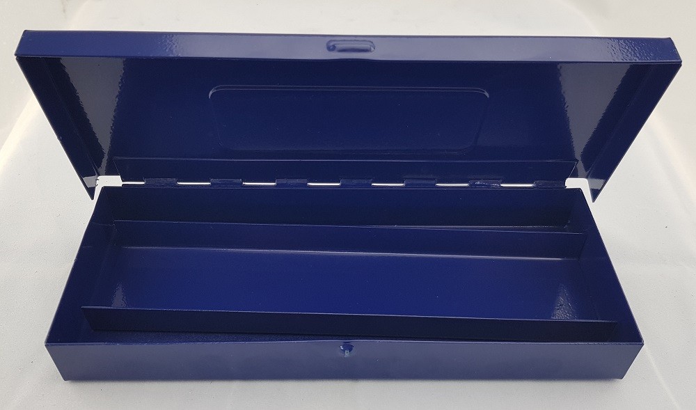 DARK BLUE METAL TOOL TIN CASE WITH HINGED LID, IDEAL FOR 1/4" SOCKETRY