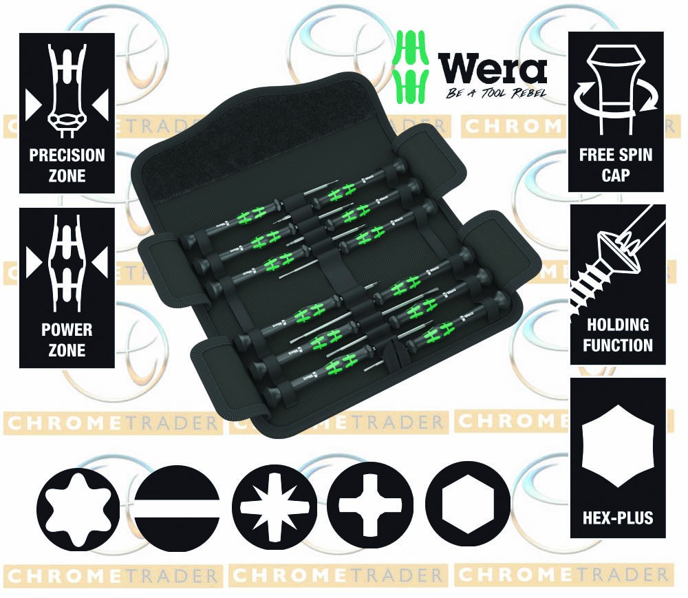 WERA 12PC PRECISION SCREWDRIVER SET WITH SLOTTED, PH, HEX & TORX 